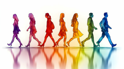 Diverse people walking, colorful silhouettes, white background, unity concept, website banner