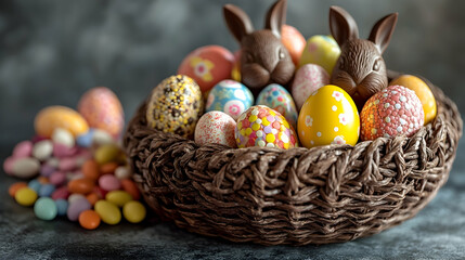 Easter chocolate nest with eggs and candies