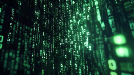 close up of green binary code on transparent display 3d render illustration technology modern futuristic concept