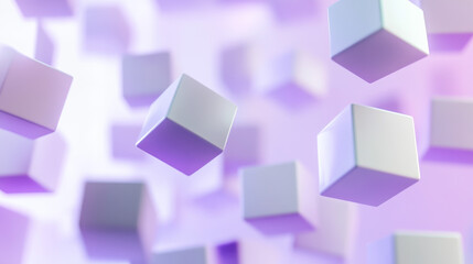 Wall Mural - white and violet flying cubes and boxes in in front of white background abstract 3 render illustrati