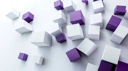 Wall Mural - white and violet flying cubes and boxes in in front of white background abstract 3 render illustrati