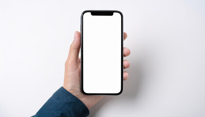 Hand holding smartphone with blank transparent screen on white background. Empty display.