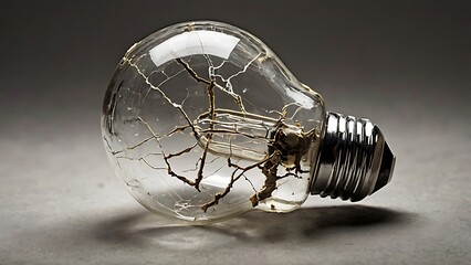 Cracked light bulb with intriguing internal structure showcased in artistic setting
