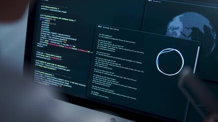 focused young asian male software developer, programmer coding on desktop computer in development of