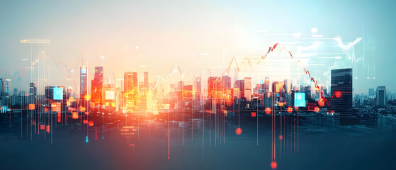 Wall Mural - a futuristic city skyline with abstract data visualizations and glowing elements representing techno