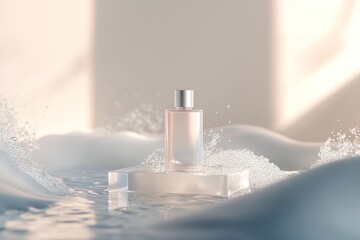 Wall Mural - A skincare bottle is elegantly displayed on a transparent platform beneath gentle waves. Soft light reflects off the water, creating an atmosphere of purity and tranquility