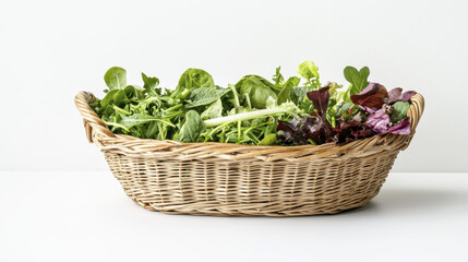 Fresh green salad leaves in rattan basket, perfect for healthy meals