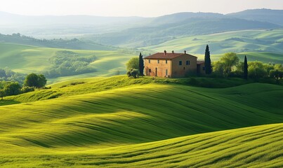 Wall Mural - Rolling green hills with a rustic house under a clear sky in a tranquil countryside setting