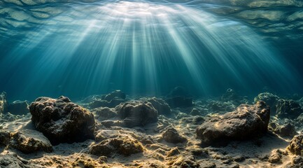 Wall Mural - Underwater sunlight illuminates rocky seabed in a tranquil ocean setting