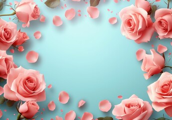 Wall Mural - Beautiful pink roses with petals arranged on a light blue background for a decorative effect