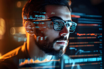 Programming coding and man with focus, hologram and trading with cyber security, futuristic and research. Male person, investor and employee with data analysis, server or investment with website info