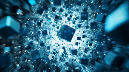 Wall Mural - abstract flying rotating blue cubes background 3d render illustration