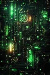 Wall Mural - glowing circuit network with green technology and futuristic tech elements