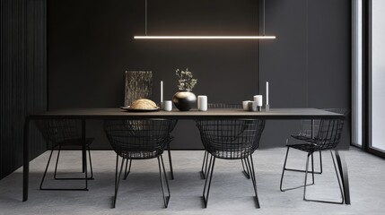 Wall Mural - Minimalist dining space featuring black wireframe chairs and a sleek pendant light