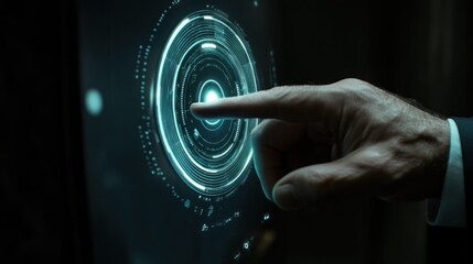 Man touches futuristic interface; dark background; technology concept; website banner