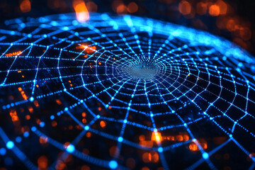 glowing spider web made of blue light, surrounded by orange bokeh, creates mesmerizing digital effect. intricate design captivates with its vibrant colors and patterns