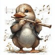 © Anastasiia - Cute cartoon bird playing flute among music notes in a whimsical setting