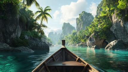 Wall Mural - The view from the bow of a long-tail boat, showcases the tropical greenery and rocky cliffs, offering an adventurous travel experience. 