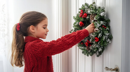 Wall Mural - Young girl in red sweater hanging festive wreath on door for holiday decoration