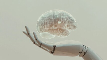 Robotic hand holding AI brain; neutral background; future tech concept