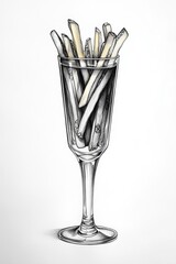 Canvas Print - A detailed pencil sketch of a champagne flute filled with crispy French fries, featuring intricate shading and light touches of color on a clean white background