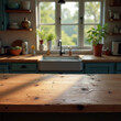 © Lisicus - Wooden kitchen counter foreground with blurred room background. Rustic interior design with daylight from window. Food and cooking concept. Template, banner, background copy space