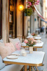 Wall Mural - Outdoor restaurant table decorated with flowers on sunny spring day. Celebrating Easter season in sunlit outdoor cafe.