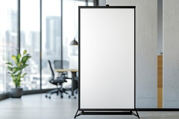 Canvas Print - A blank roll-up banner standing in an office setting, symbolizing the potential for advertising and public discovery through digital marketing techniques. White background