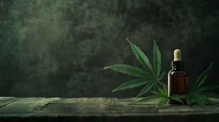 Wall Mural - Cannabis leaf and a small bottle of oil on a wooden table, against a dark background. Ragged cannabis leaves with copy space for text. 