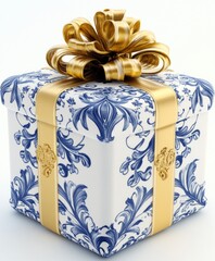 Wall Mural - Elegant gift box with blue floral patterns and gold ribbon for special occasions