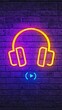 © PorchzStudio - A vibrant neon illustration of headphones against a dark brick wall, symbolizing music and sound.