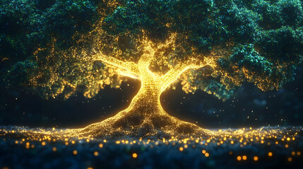 Wall Mural - glowing tree of life digital network. technology, ecology, and sustainability concept.