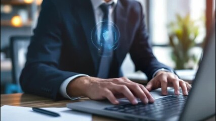 Wall Mural - A professional Asian male typing on a laptop with digital icons representing data analysis.