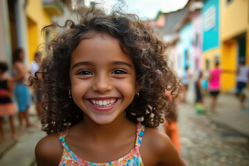 Young girl with curly hair and pink bow smiles broadly in a favela in brazil, expressing happiness and joy