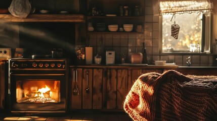 Wall Mural - Cozy Rustic Kitchen with Fireplace and Warm Sunlight Streaming In