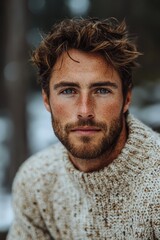 Wall Mural - Man with tousled hair wearing a cozy sweater poses outdoors in winter landscape featuring soft snow and natural scenery