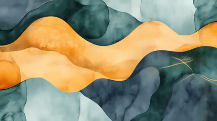 Wall Mural - Abstract green and gold watercolor background with fluid shapes and organic lines. Watercolor Harmony. Illustration