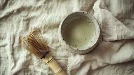 A cup of matcha tea and a whisk rest on a linen cloth. A calming and serene scene.