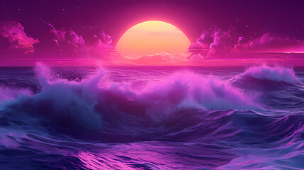 Wall Mural - Synthwave neon big wave splash background. night ocean landscape with fluid gradient 3d of purple colorful generative ai vaporwave and fantastic of bright storm colors. Vaporwave Neon. Illustration