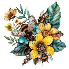 Wall Mural - Colorful illustration of bees and flowers in a natural setting highlighting pollinators and botanical beauty
