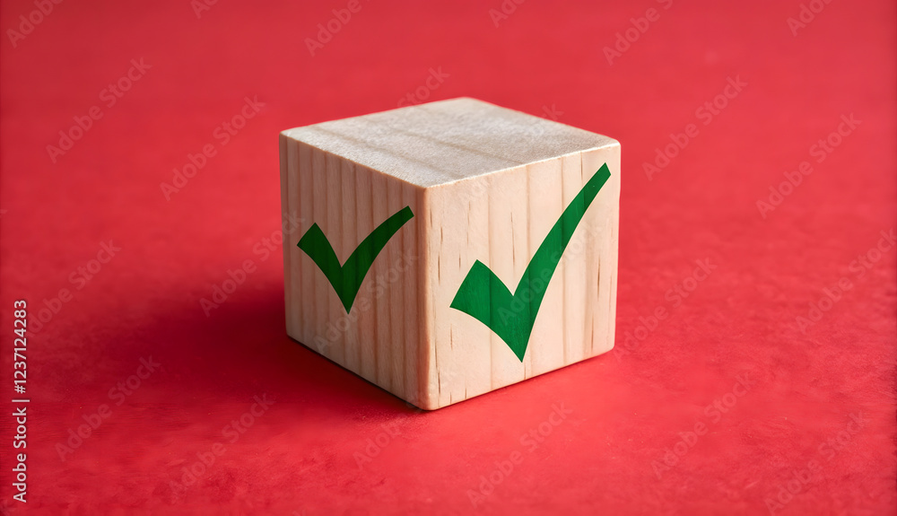 Check Mark Cube Wooden cube with green check mark on red background. Checkbox. Stock ...
