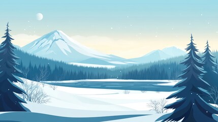 Wall Mural - Serene Winter Landscape With Snowy Mountains And Frozen Lake