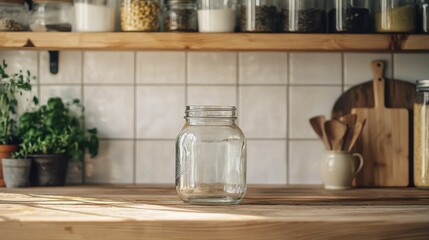 Wall Mural - Empty Glass Jar on Wooden Kitchen Counter with Natural Light