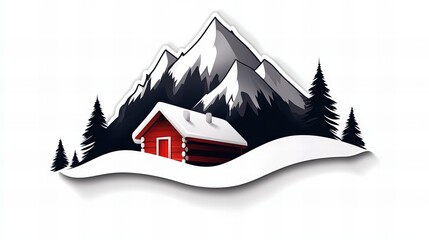 Wall Mural - Cozy cabin nestled in a snowy mountain range.  A peaceful winter scene.