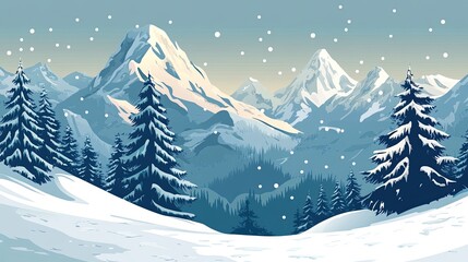 Wall Mural - Snowy Mountain Range Winter Landscape With Pine Trees