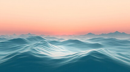 Wall Mural - Serene ocean waves rolling gently with a distant mountain range silhouetted against a vibrant sunset sky