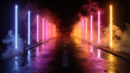 Wall Mural - A long road with neon lights and smoke. The lights are in different colors and the smoke is coming from the lights. Scene is mysterious and surreal
