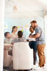 Aufkleber - Creative, notes and business people in meeting for ideas, brainstorming or project collaboration in office. Men, women and teamwork in workshop for planning, development or strategy at design agency
