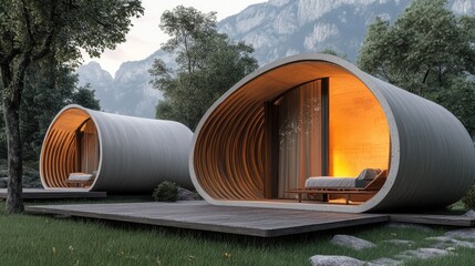 Wall Mural - Modern Concrete Cabins Nestled In A Mountain Landscape