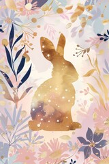 Wall Mural - Elegant Easter Card Design with Golden Bunny Silhouette and Pastel Floral Patterns